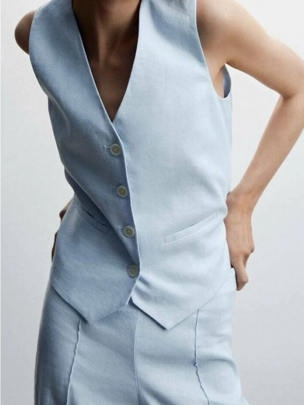 Mango Pale Blue Linen Wide-Leg Pants with Matching Vest - Picture 3 of 8